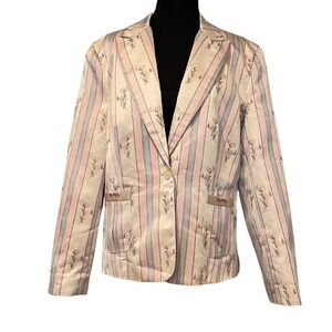 Hunt Club Women's Size 14 Striped Floral Blazer Jacket Light Pink Blue Cream VTG